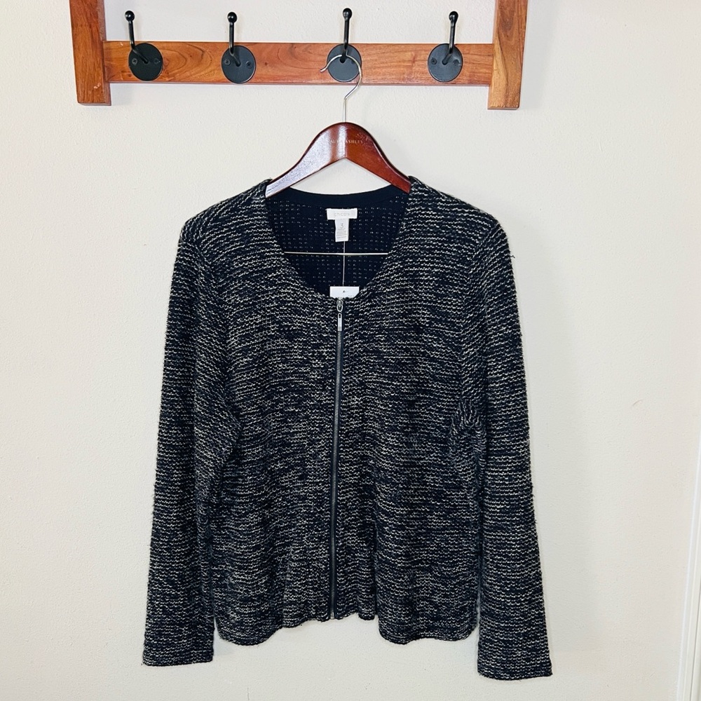 Chicos Tierra Tweed Cardigan Sweater Zip Up Jacket Blue White Size 3 Casual NWT